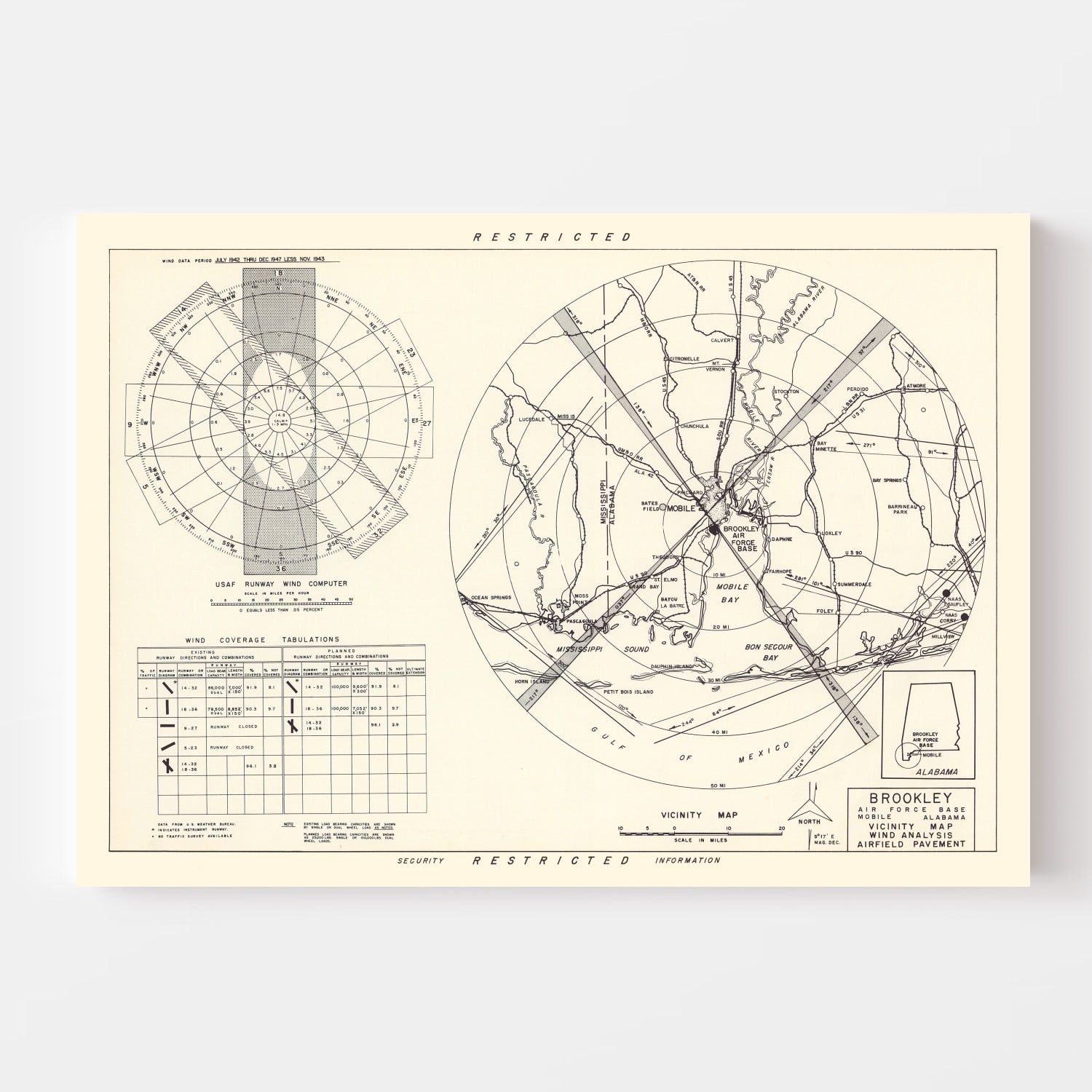 Vintage Map of the Brookley Air Force Base Vicinity, 1952