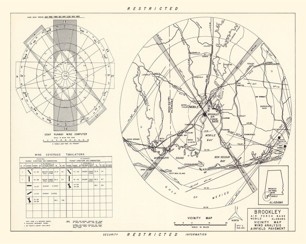 Vintage Map of the Brookley Air Force Base Vicinity, 1952