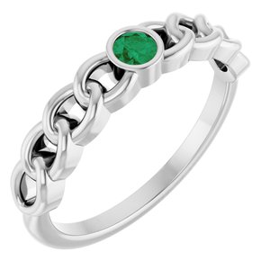 14K White Gold Natural Emerald Curb Chain Ring