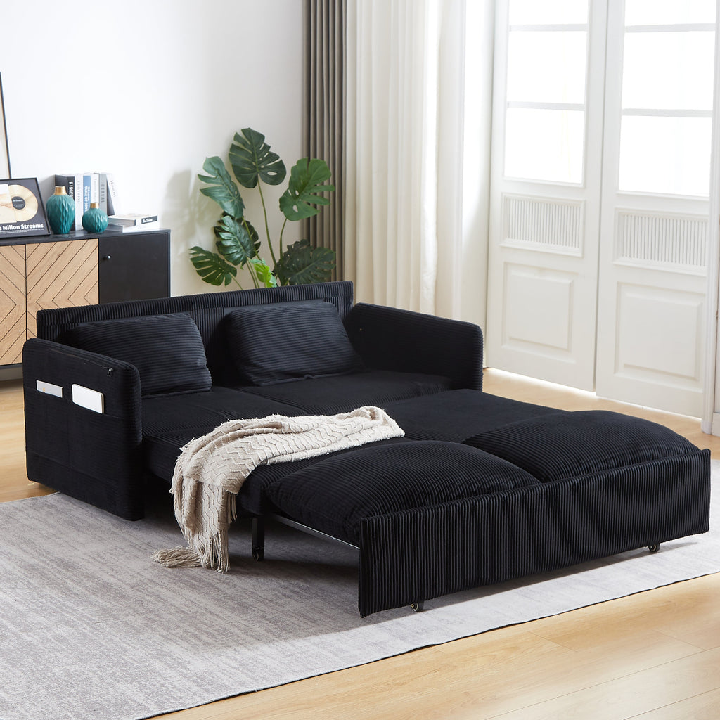 MH'' 64.5 Inch Sleeper Sofa Bed  3-in-1 Adjustable Sleeper with Pullout Bed   2 Pillows and Side Pockets  Soft Corduroy Convertible Sleeper Sofa Bed for Living Room Bedroom Apartment Office
