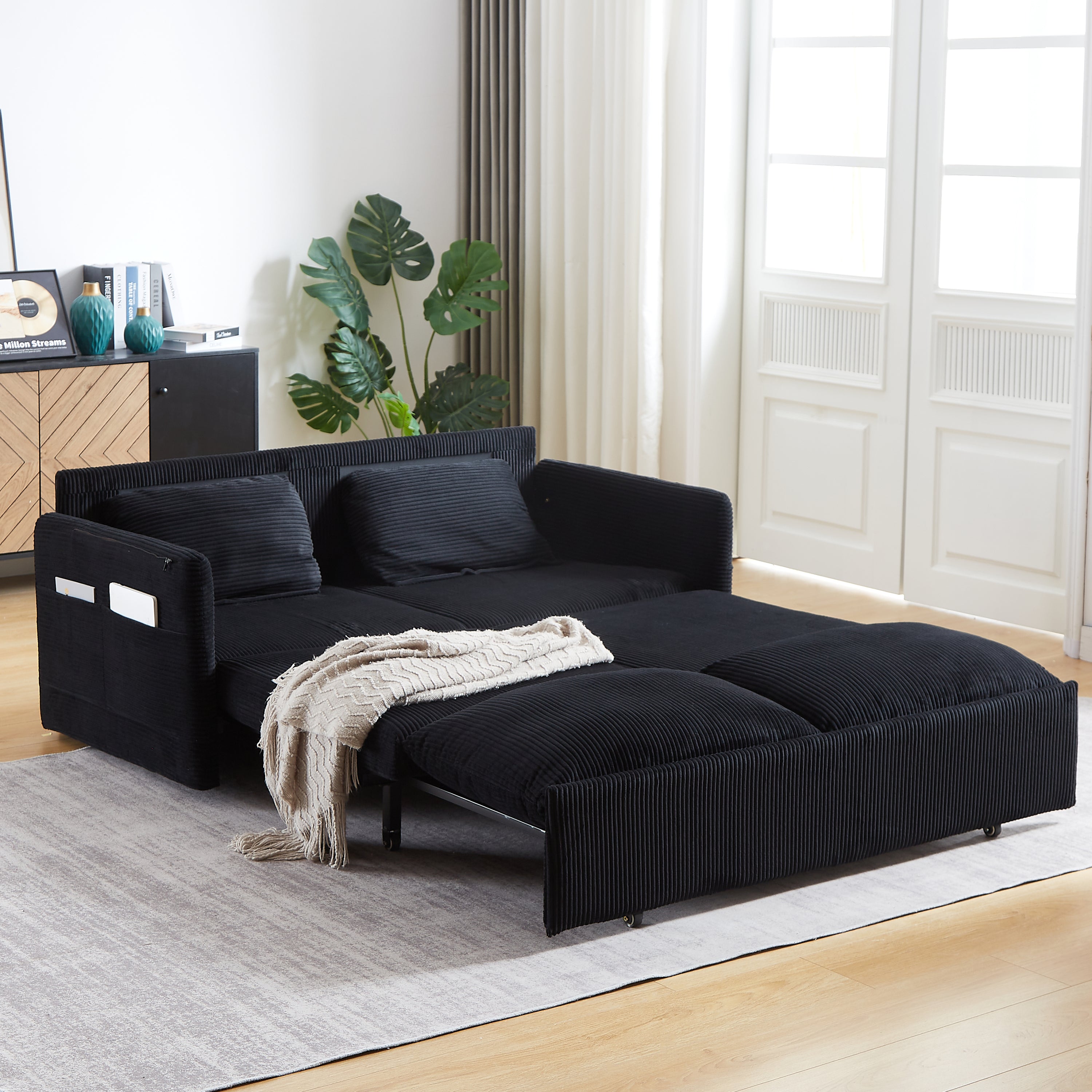 MH'' 64.5 Inch Sleeper Sofa Bed  3-in-1 Adjustable Sleeper with Pullout Bed   2 Pillows and Side Pockets  Soft Corduroy Convertible Sleeper Sofa Bed for Living Room Bedroom Apartment Office