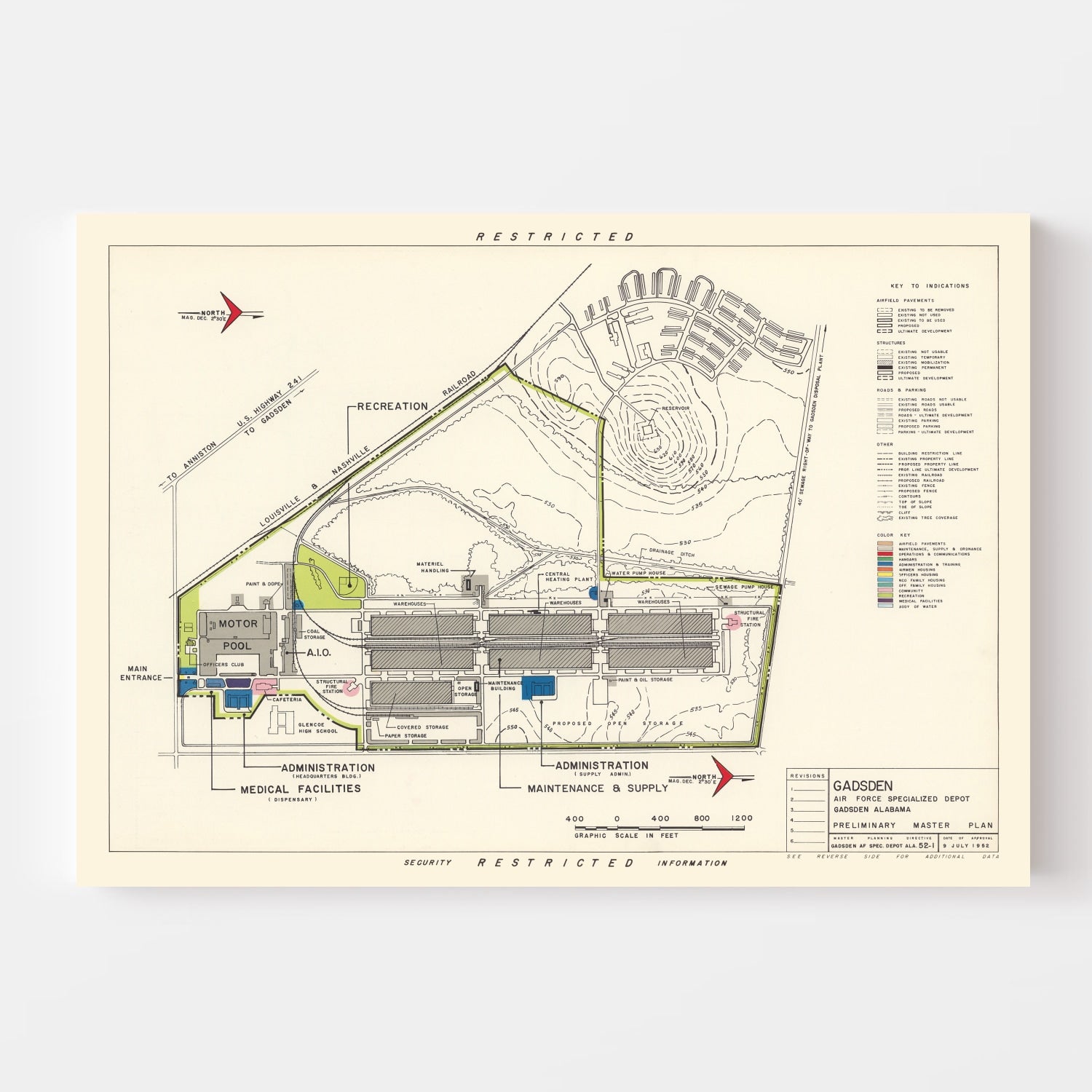 Vintage Map of Gadsden Specialized Air Force Depot, 1952