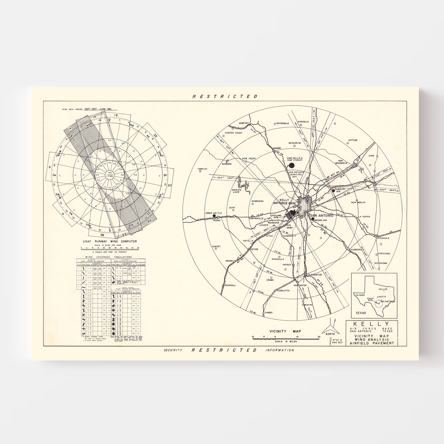 Vintage Map of the Kelly Air Force Base Vicinity, 1952