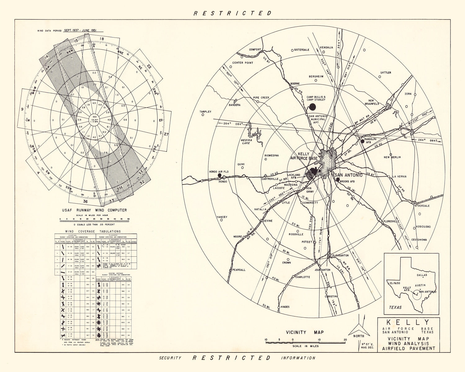 Vintage Map of the Kelly Air Force Base Vicinity, 1952