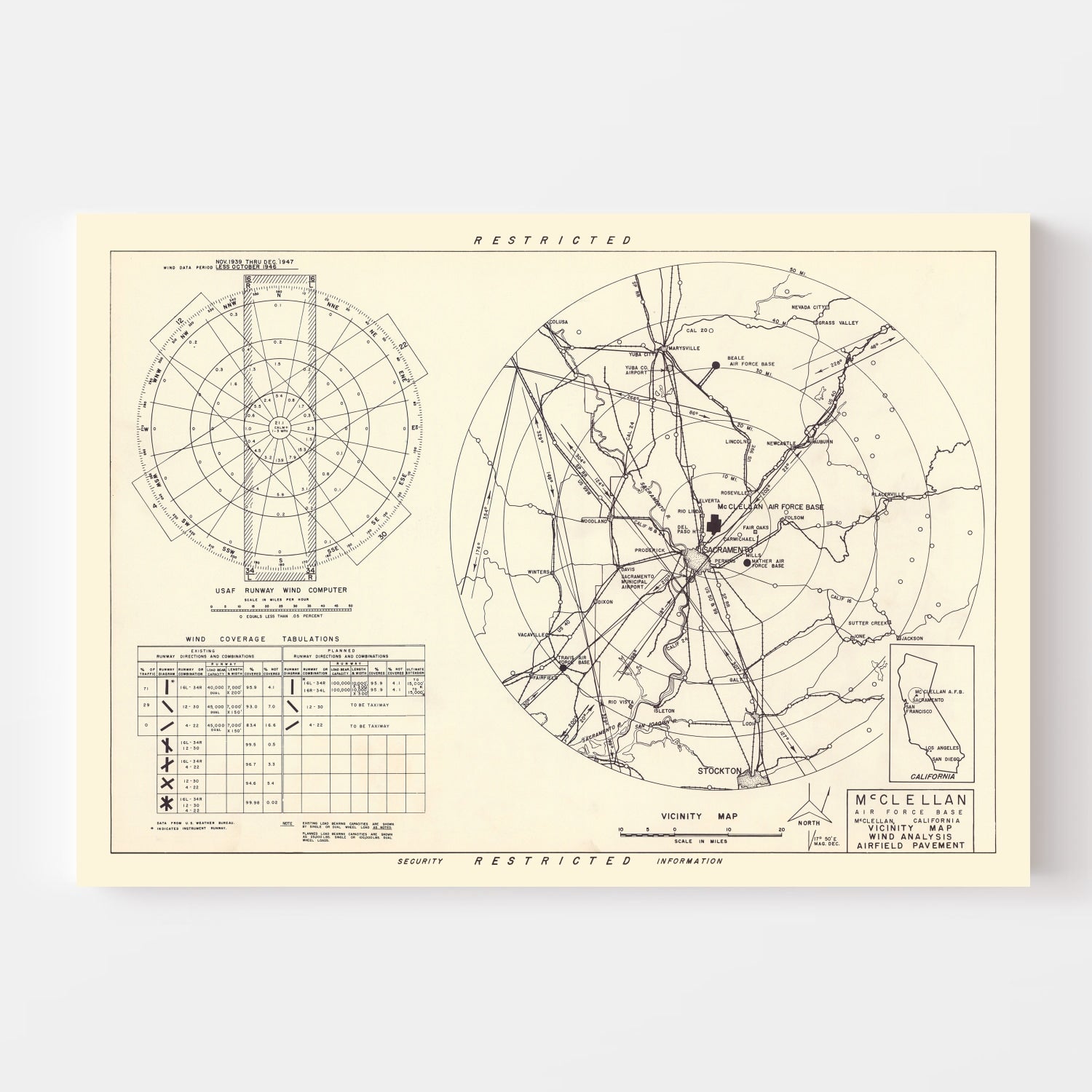 Vintage Map of the McClellan Air Force Base Vicinity, 1952