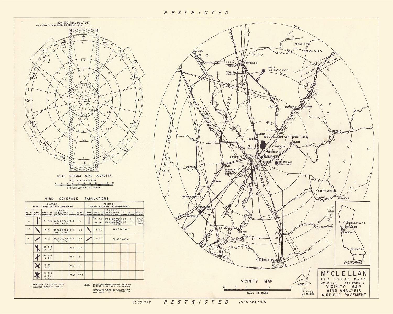 Vintage Map of the McClellan Air Force Base Vicinity, 1952