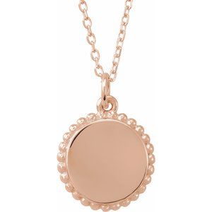 14K Rose Gold Engravable Beaded Disc 16-18" Necklace