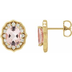 14K Yellow Gold Natural Peach Morganite & 1/3 CTW Natural Diamond Earrings