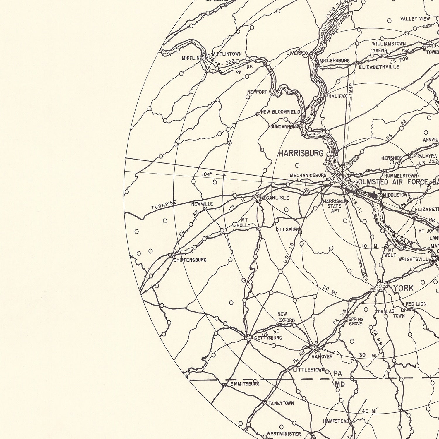 Vintage Map of the Olmsted Air Force Base Vicinity, 1951