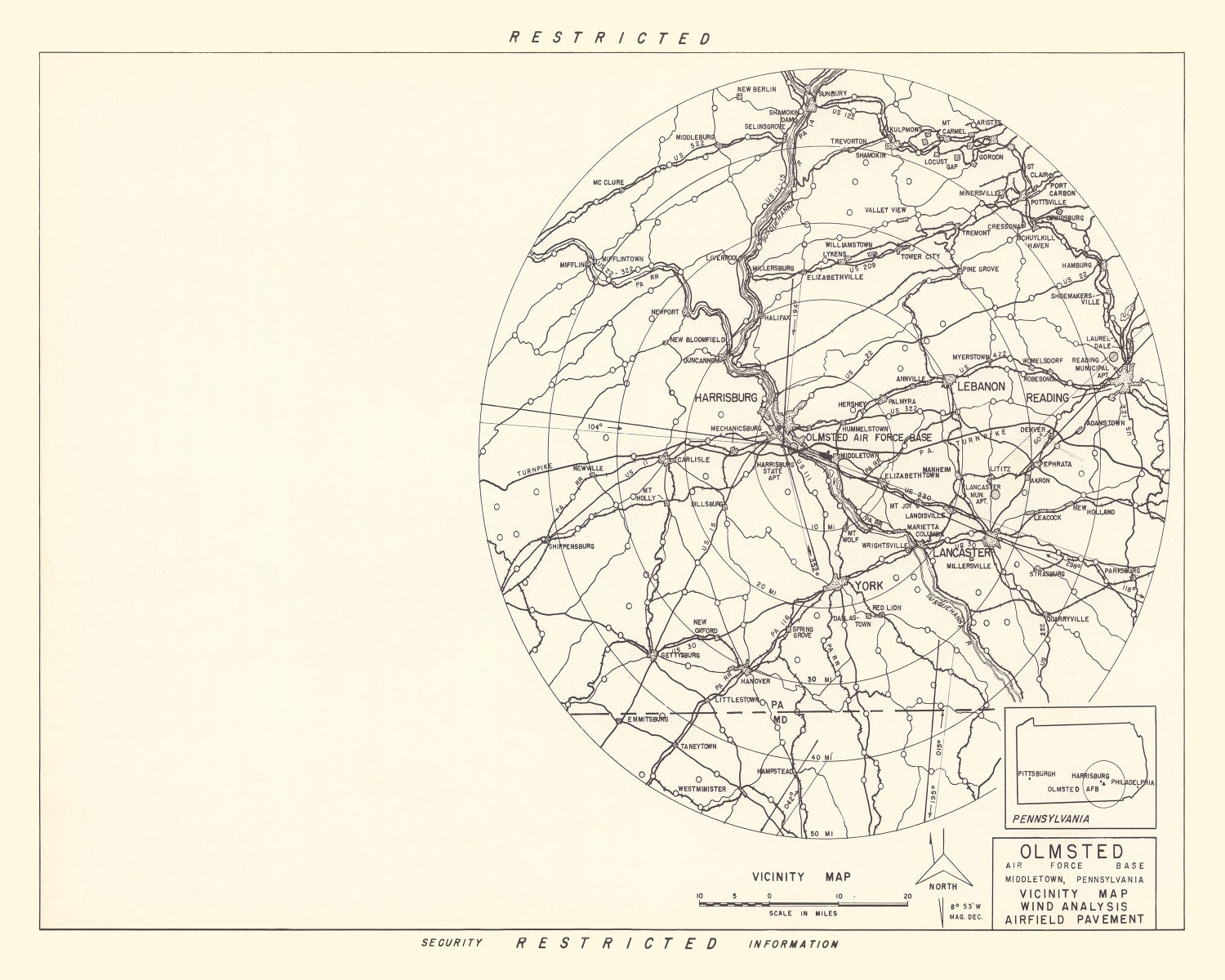 Vintage Map of the Olmsted Air Force Base Vicinity, 1951