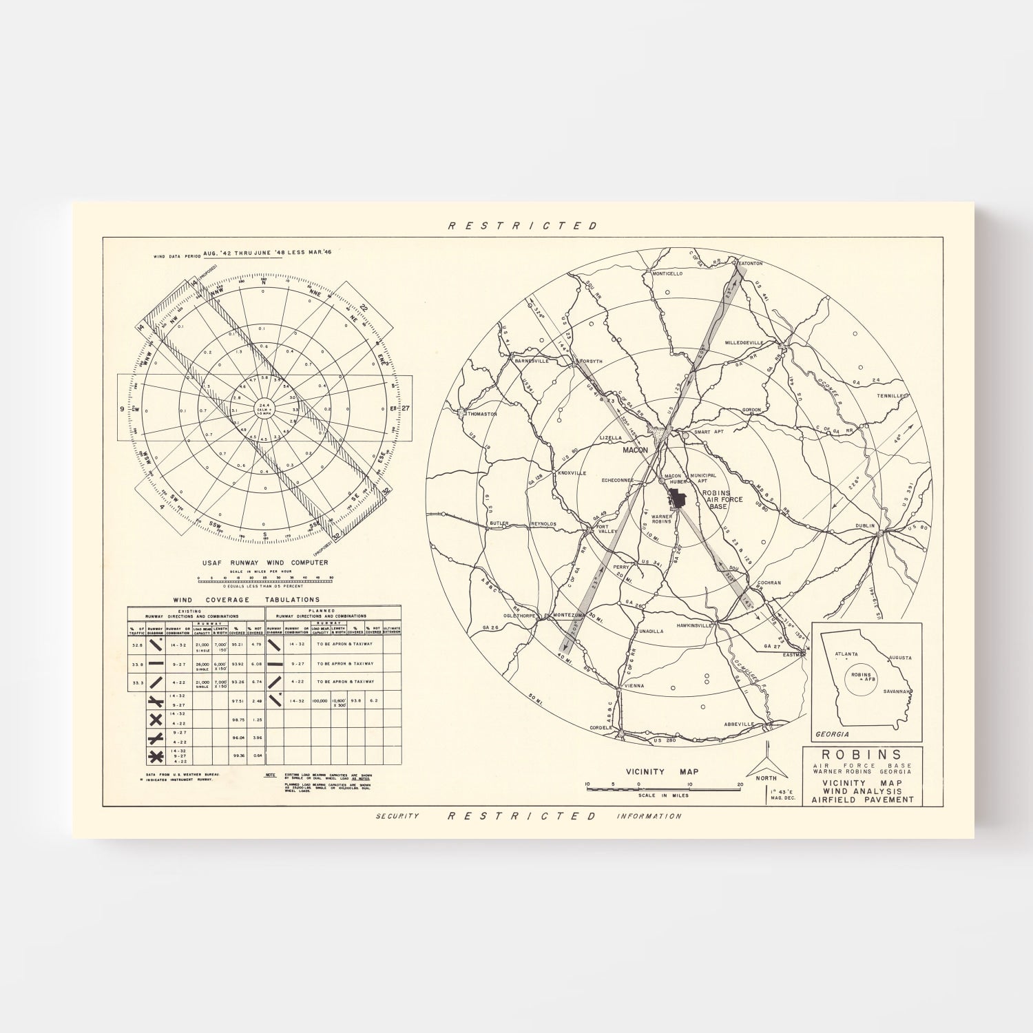 Vintage Map of the Robins Air Force Base Vicinity, 1952
