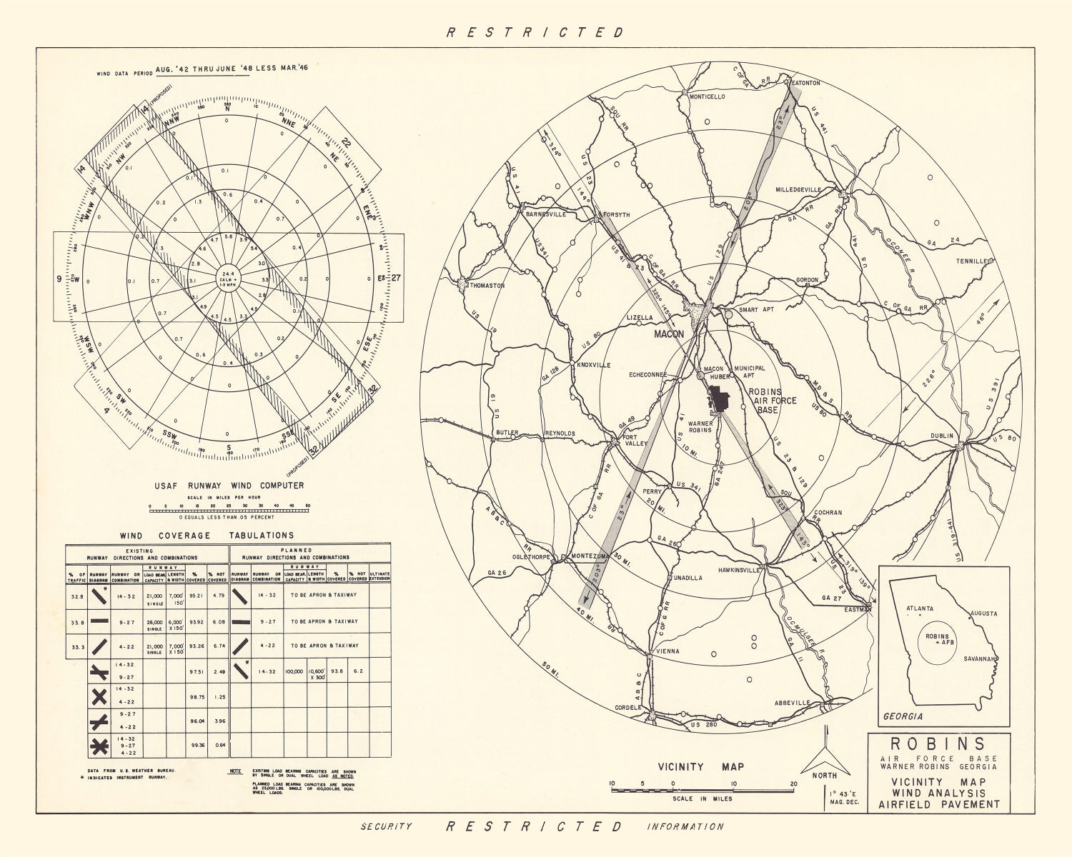 Vintage Map of the Robins Air Force Base Vicinity, 1952