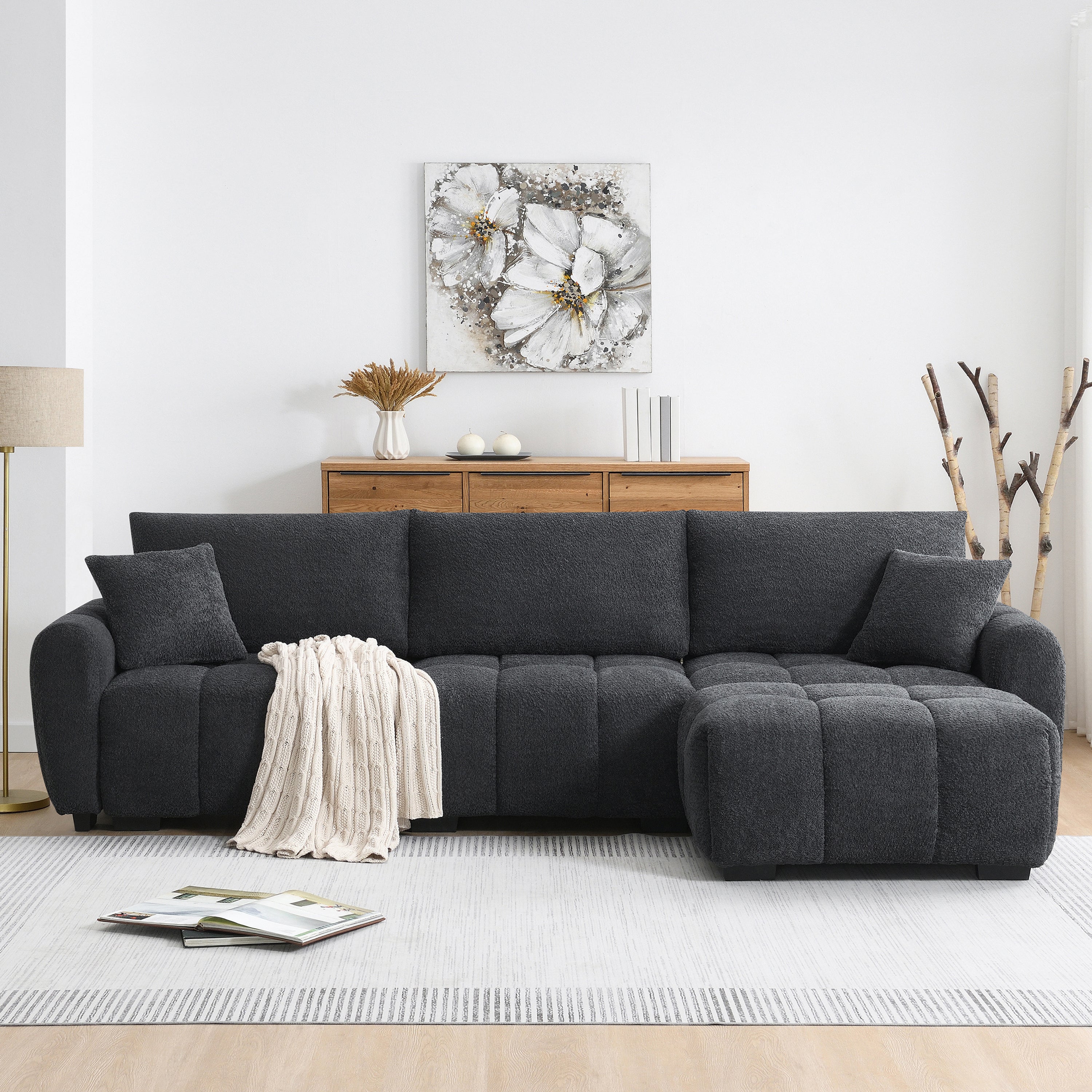 [VIDEO] 110' Modular Sectional Sofa, L Shape with Extra-large Seat, Pull-line Design, Movable Ottoman, High Density Foam, Free Combination, Sturdy Metal&Wood Frame, Boucle Fabric, 3 Colors