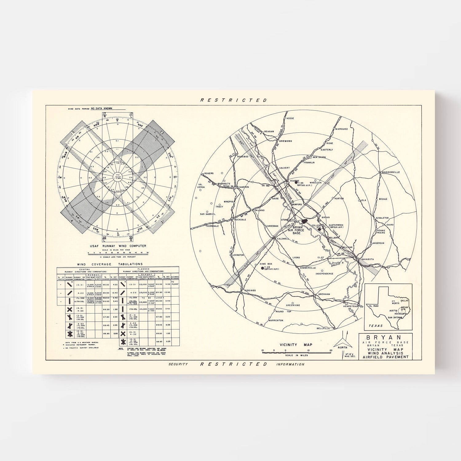 Vintage Map of the Bryan Air Force Base Vicinity, 1951