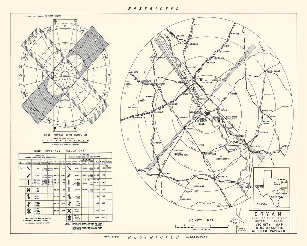 Vintage Map of the Bryan Air Force Base Vicinity, 1951