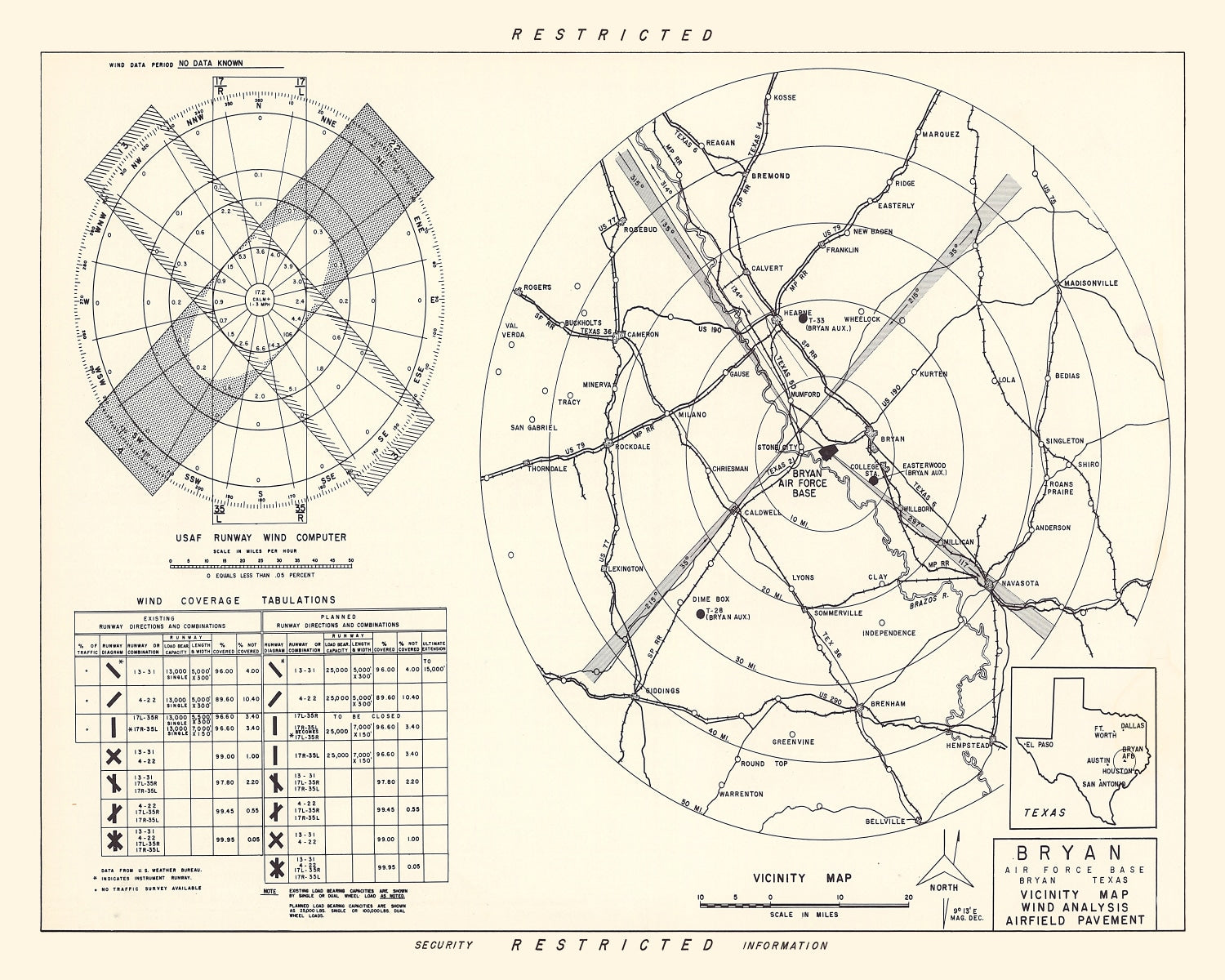 Vintage Map of the Bryan Air Force Base Vicinity, 1951