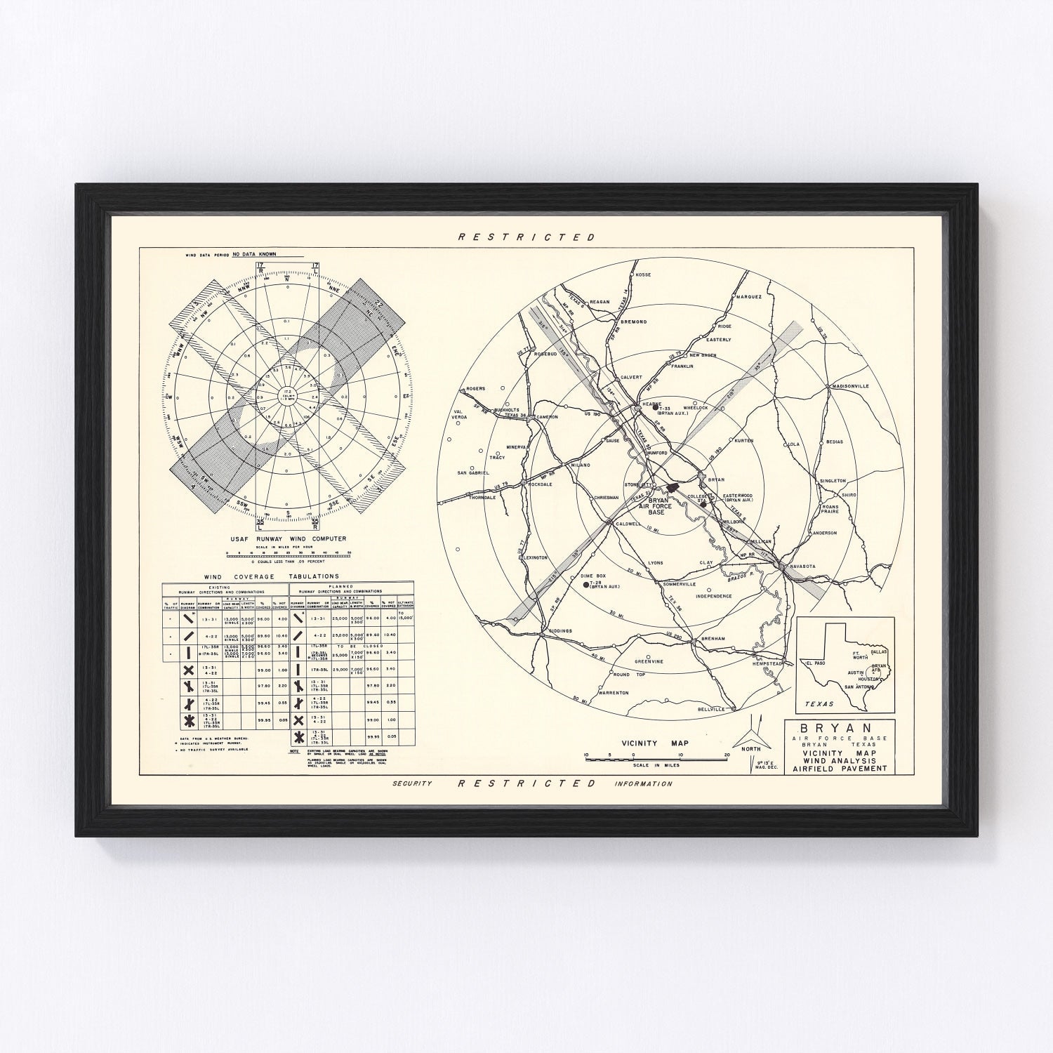 Vintage Map of the Bryan Air Force Base Vicinity, 1951