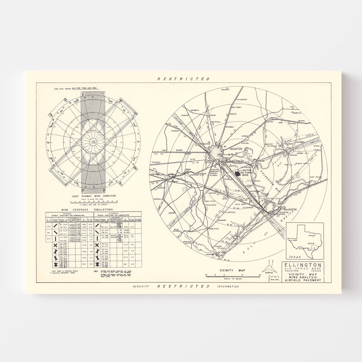 Vintage Map of the Ellington Air Force Base Vicinity, 1953