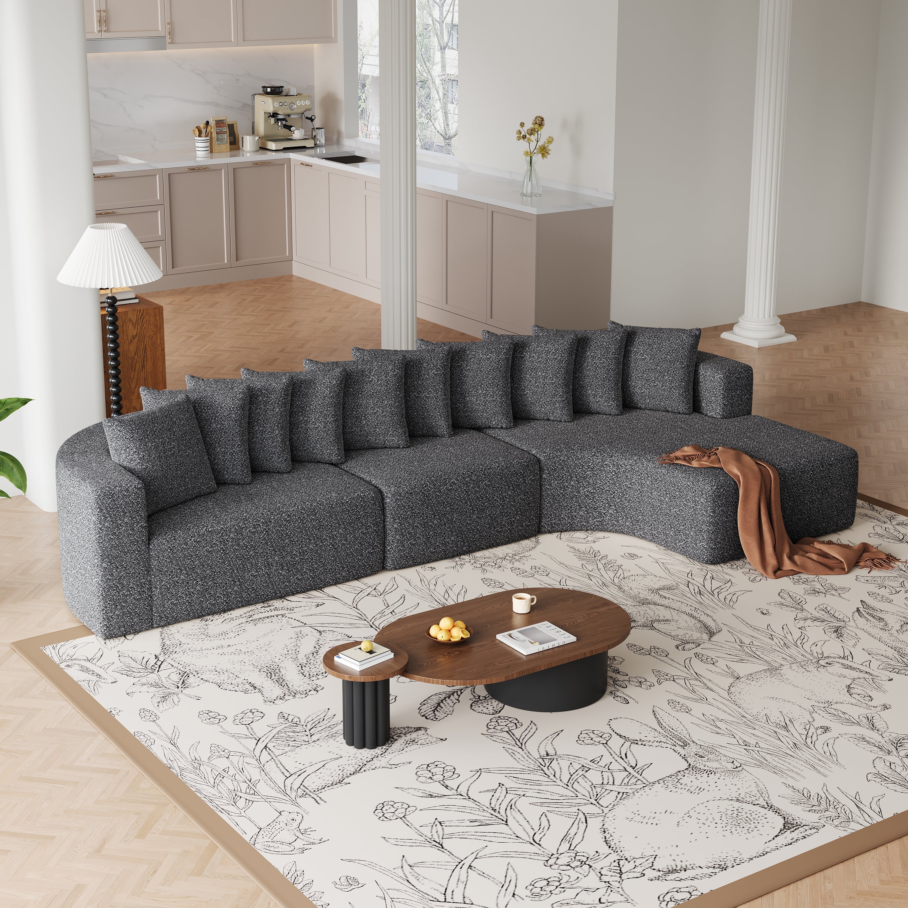 131.1-inch Chenille Sectional Sofa Set, Modern Cloud-Shaped Curved Sofa, Includes 10 Pillows, Living Room Fabric Corner Sofa, L-Shaped Modular Sofa (Right Chaise)