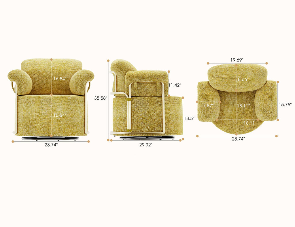 360 Degree Barrel Swivel Accent Sofa Chair,Fluffy Fabric Lounge Wide Upholstered Reading Chair with Gold Metal Legs, Comfortable Round Armchair for Living Room,Bedroom,Office(Yellow)