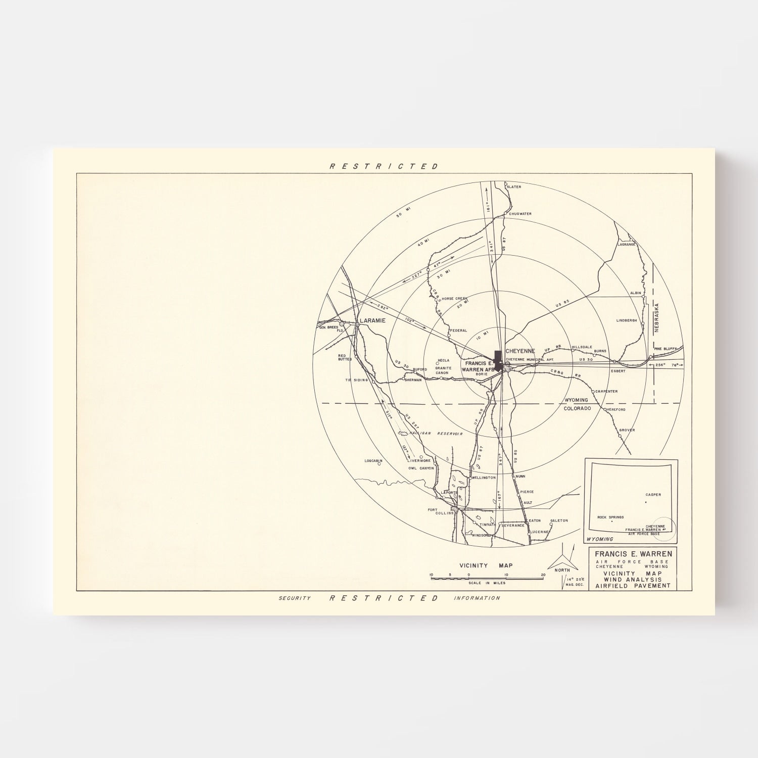 Vintage Map of the Francis E. Warren Air Force Base Vicinity, 1952