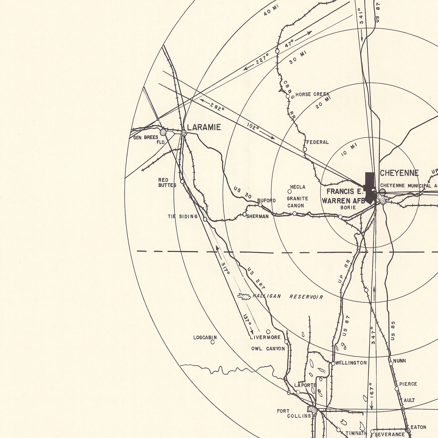 Vintage Map of the Francis E. Warren Air Force Base Vicinity, 1952