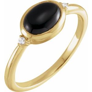 14K Yellow Gold 9x7 mm Round Natural Black Onyx & .03 CTW Natural Diamond Ring