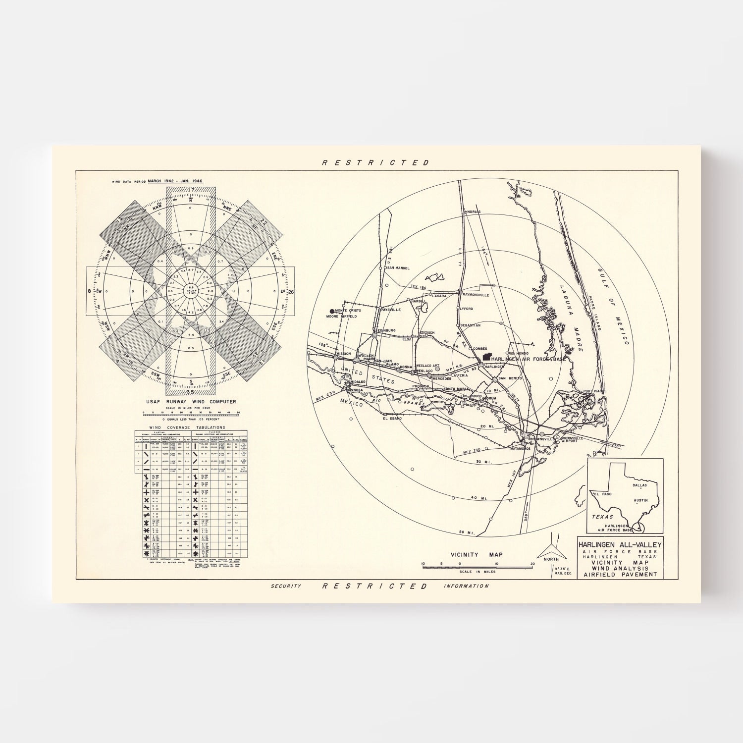 Vintage Map of the Harlingen All-Valley Air Force Base Vicinity, 1951