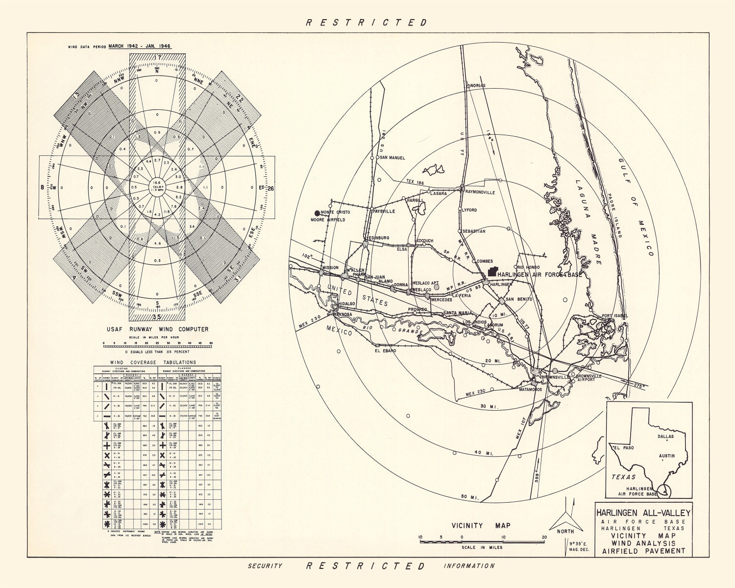 Vintage Map of the Harlingen All-Valley Air Force Base Vicinity, 1951