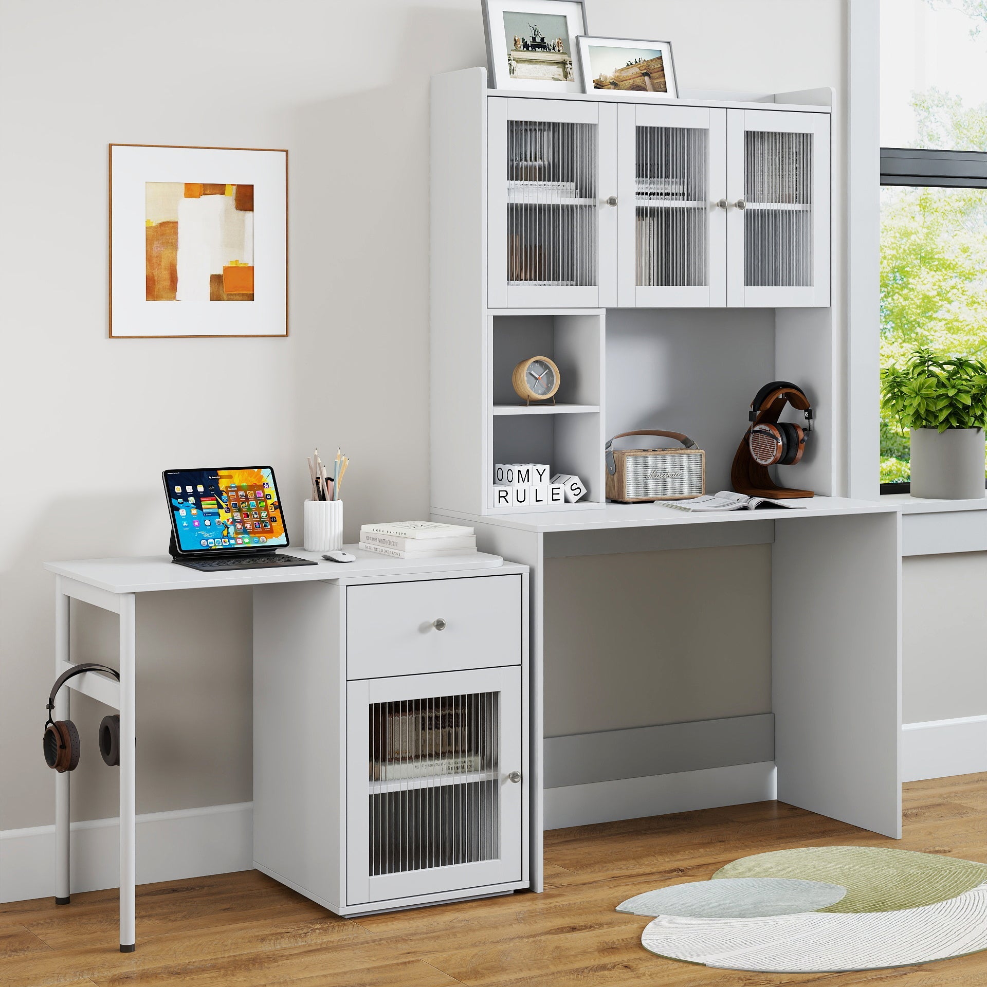 Computer Desk with glass door for Home Office or Study desk,  Bookshelf & Hutch, Computer Desk with 90 Degree Rotating Desktop,Large Working Space
