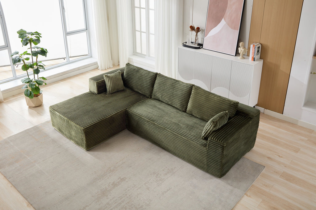 Compression Sectional Couch with Comfy Chaise, Boneless L Shape Sofa with Deep Seat, Minimalist Modular Couches Sleeper for Living Room Bedroom Apartment Lounge,corduroy,Green