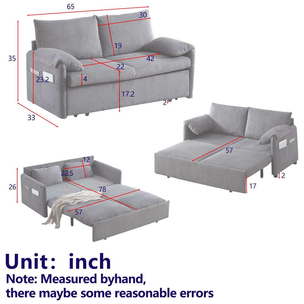 MH'' 64.5 Inch Sleeper Sofa Bed  3-in-1 Adjustable Sleeper with Pullout Bed   2 Pillows and Side Pockets  Soft Corduroy Convertible Sleeper Sofa Bed for Living Room Bedroom Apartment Office
