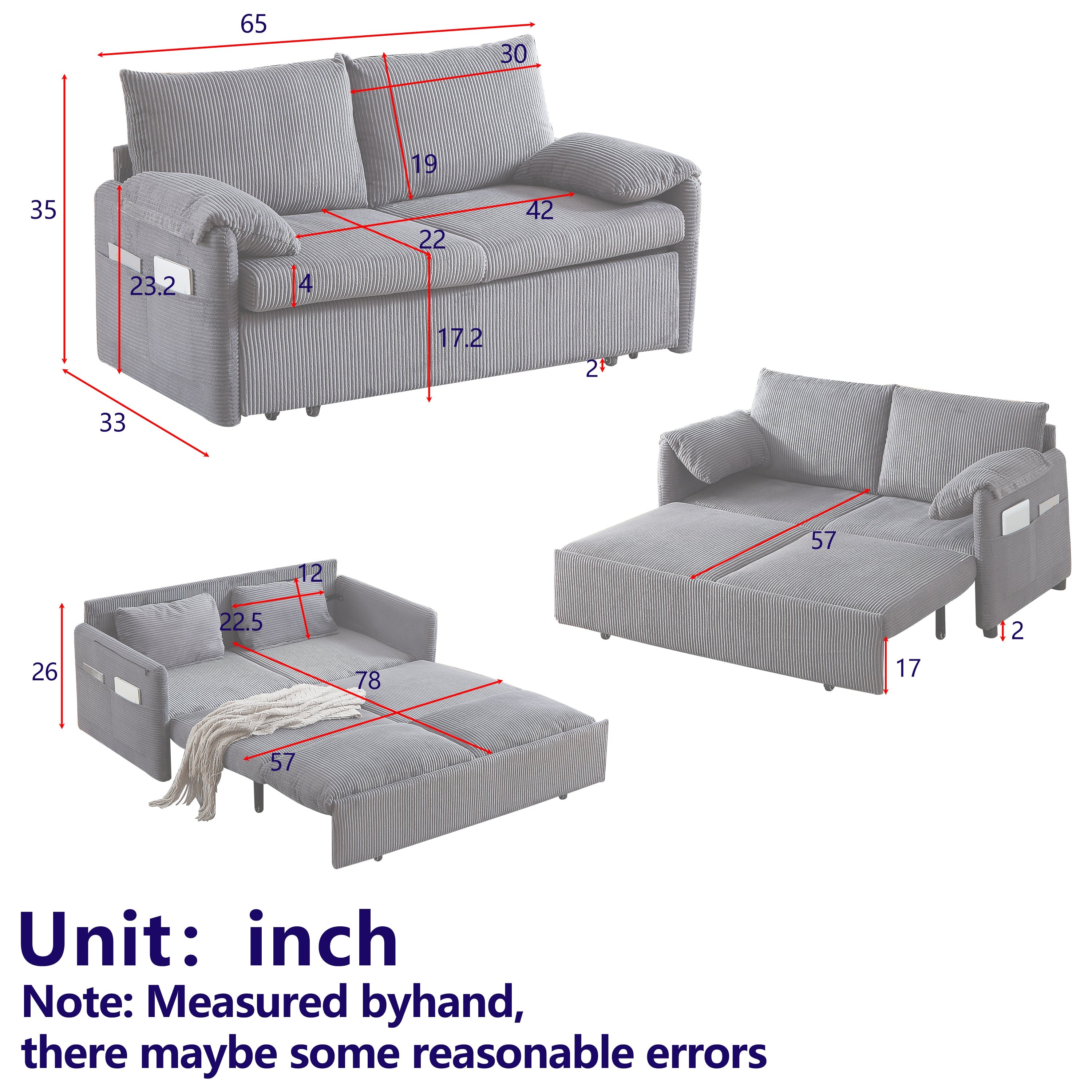 MH'' 64.5 Inch Sleeper Sofa Bed  3-in-1 Adjustable Sleeper with Pullout Bed   2 Pillows and Side Pockets  Soft Corduroy Convertible Sleeper Sofa Bed for Living Room Bedroom Apartment Office