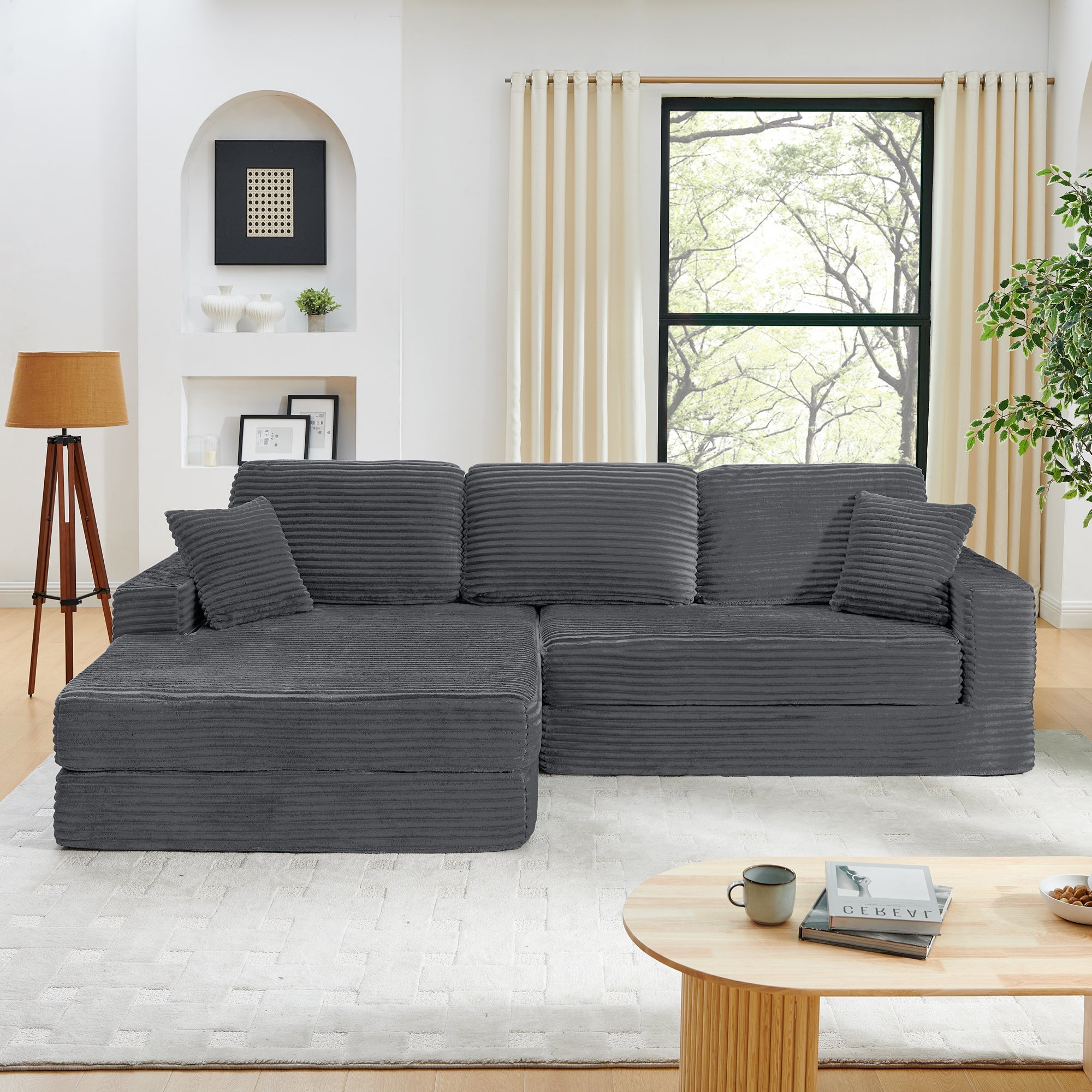Minimalist L Shape Modular Sectional Sofa Bed in Gray Corduroy Fabric