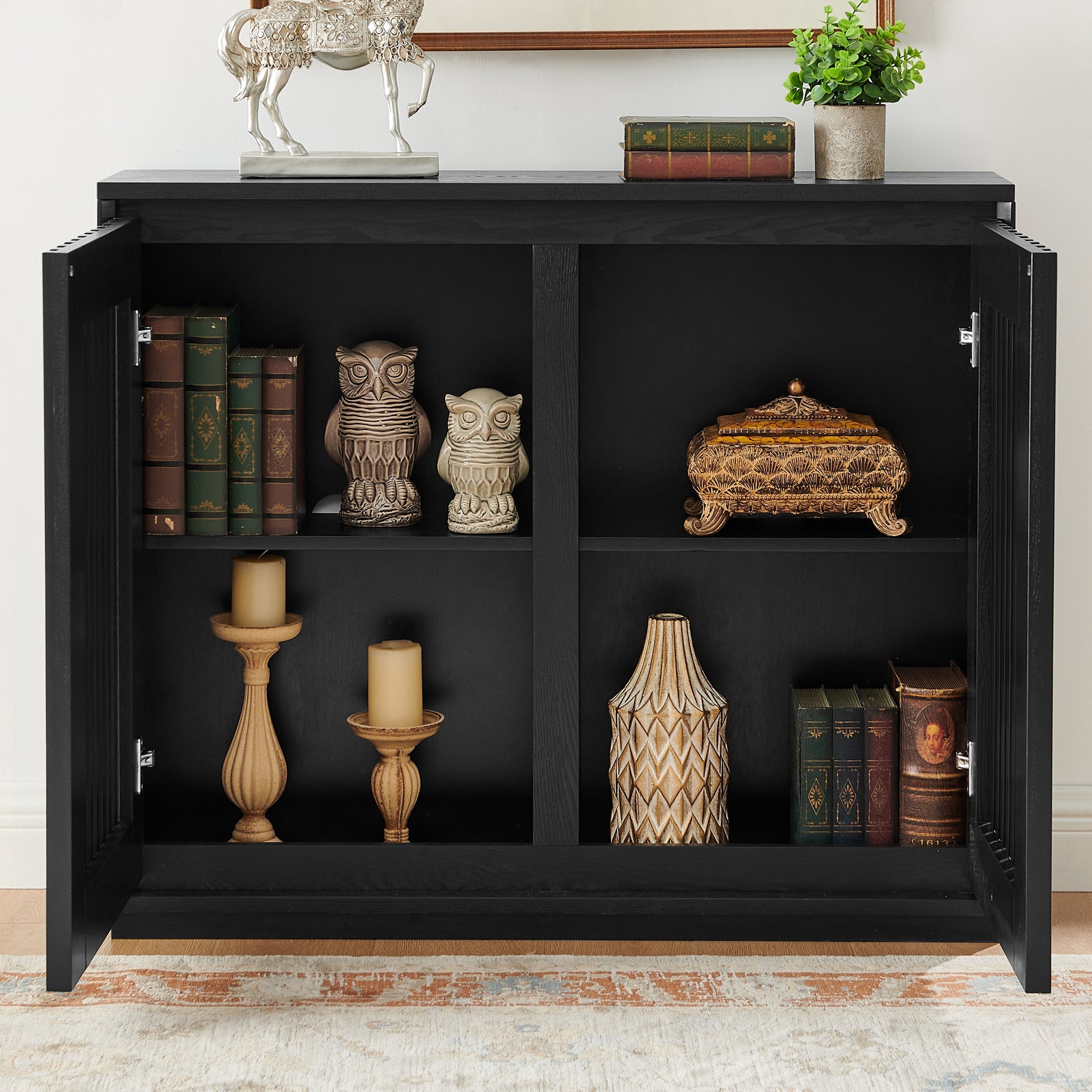 Mid Century Modern Fluted Hollowed Out Sideboard Cabinet with 2 Outlet Holes, Buffet Cabinet with Storage, Black Storage Cabinet for Living Room, Entryway, Hallway, Dining Room, Kitchen