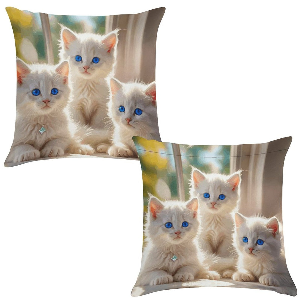 Fluffy White Kittens with Blue Eyes Ultra-Soft Pillowcases - 18"×18"