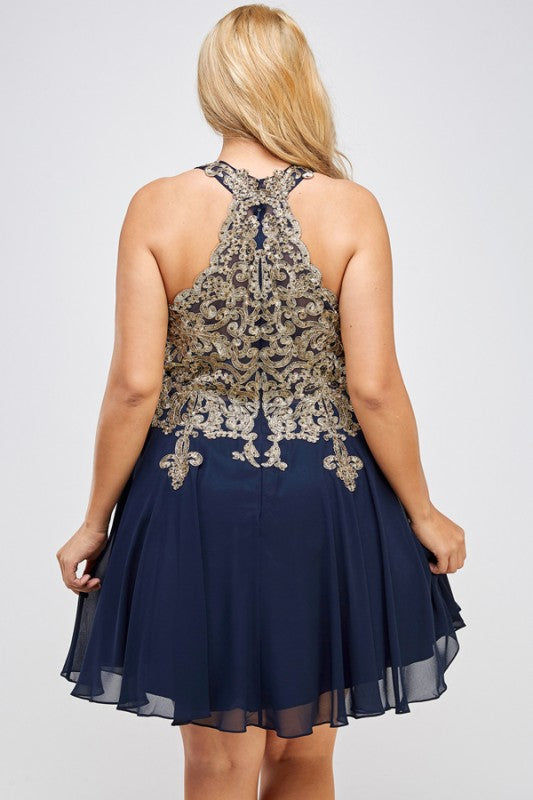 Gold embroidered plus size chiffon dress with built in tulle