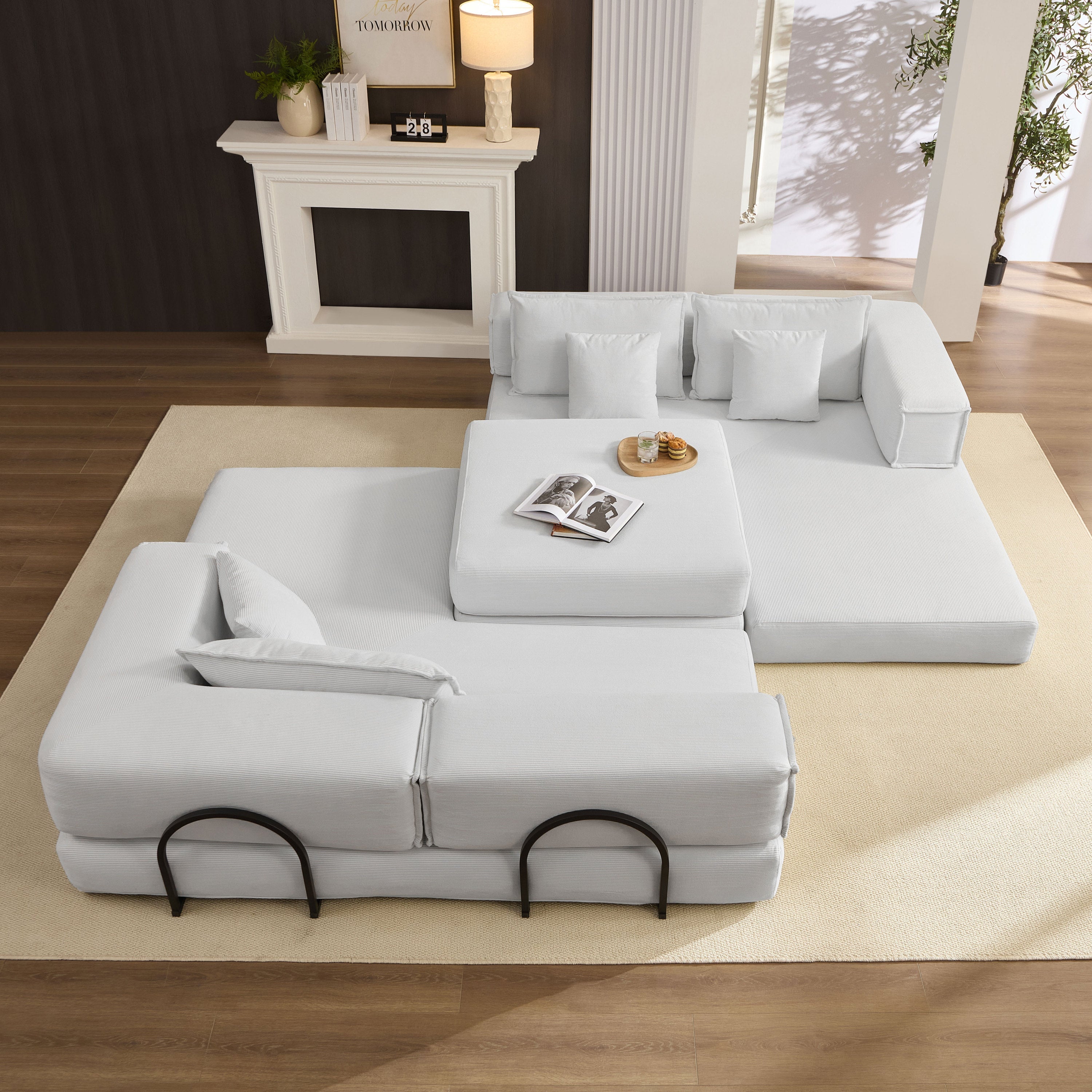 Oversized Upholstered Sectional Sofa Couch Set, Modular 118.2 ' L Shaped Floor Living Room Sofa Set With 6 Pillows, DIY Combination Sofa Couch for living rooms, apartments,bedrooms, White