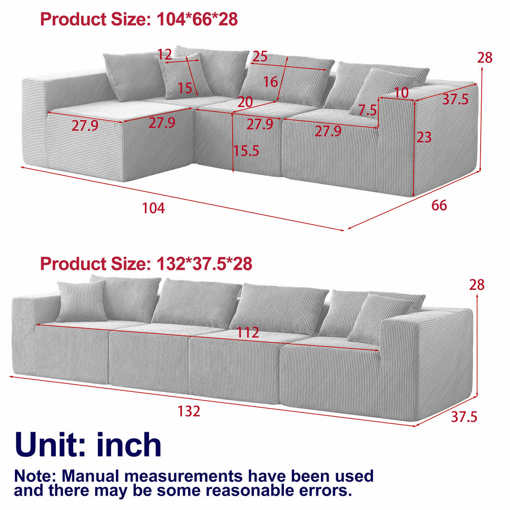 104-Inch Corduroy  Modular L Shaped Sectional Sofa,Luxury Floor Couch Set,Upholstered Indoor Furniture,Foam-Filled Compressed Sofa for Living Room,Bedroom,4 PC Free Combination