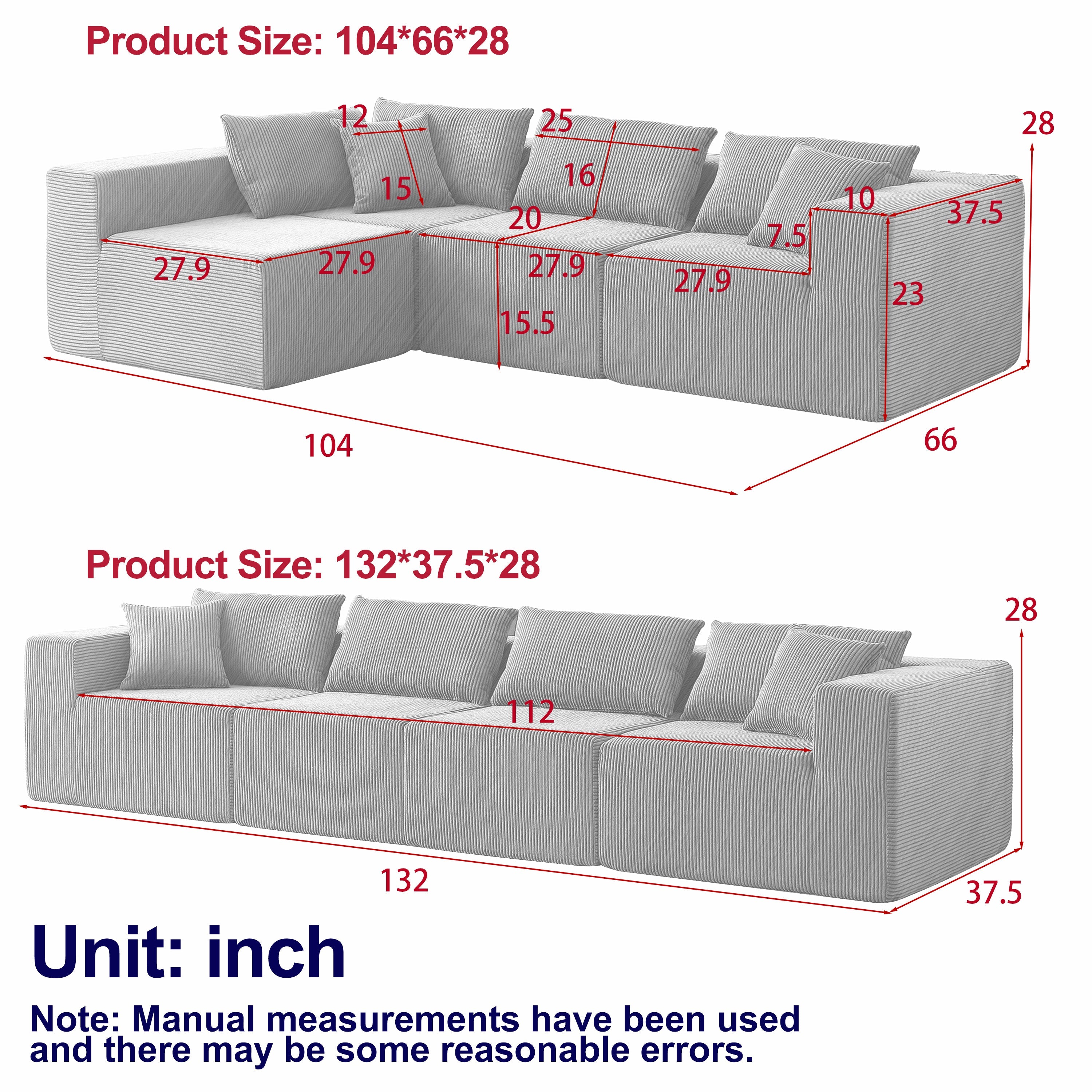 104-Inch Corduroy  Modular L Shaped Sectional Sofa,Luxury Floor Couch Set,Upholstered Indoor Furniture,Foam-Filled Compressed Sofa for Living Room,Bedroom,4 PC Free Combination