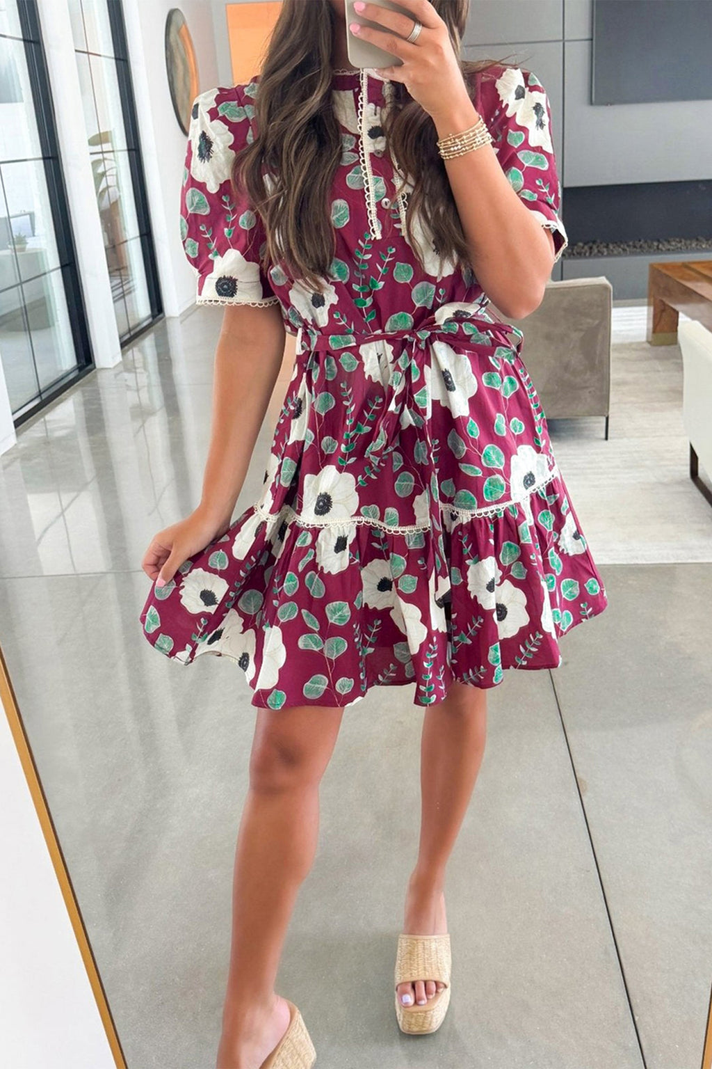 Floral Short Puff Sleeve Belted Mini Dress