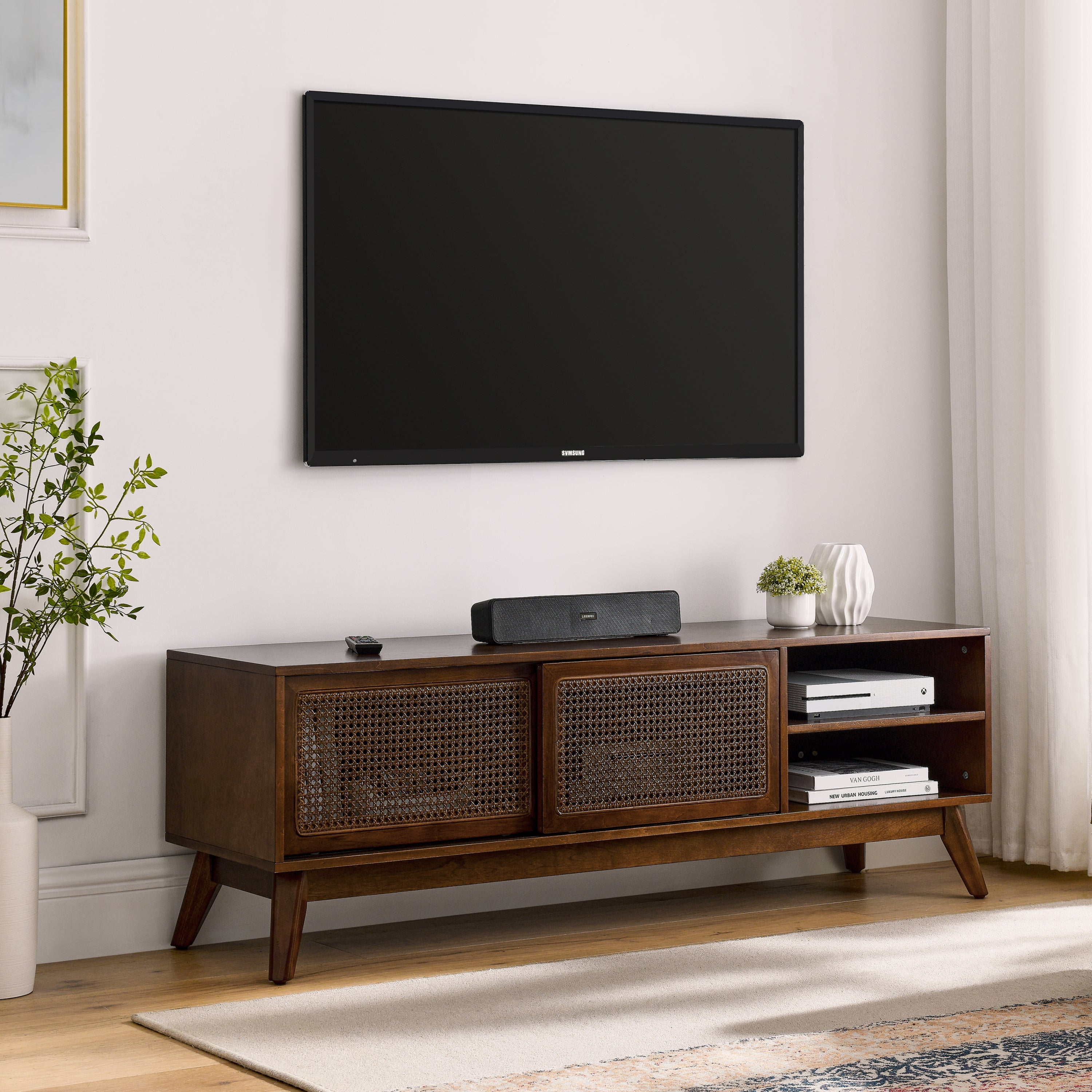 59 Inch Mid Century Modern Rattan TV Stand for 65 Inch TV, Entertainment Cabinet, Media Console for Living Room Media Room, Solid Wood Feet & Rattan Cabinet Doors - Dark Wood