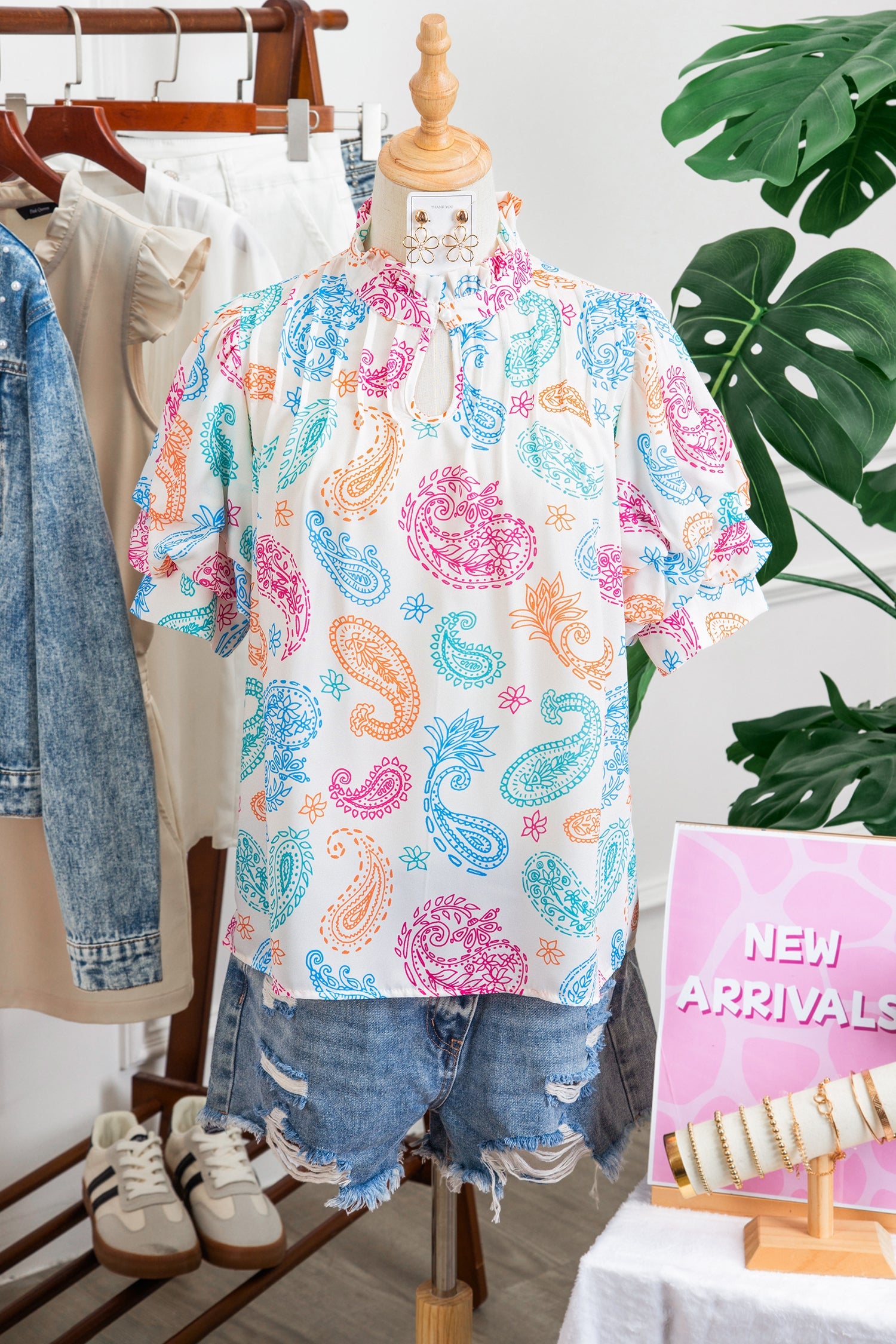 Paisley Button Keyhole Puff Sleeve Blouse