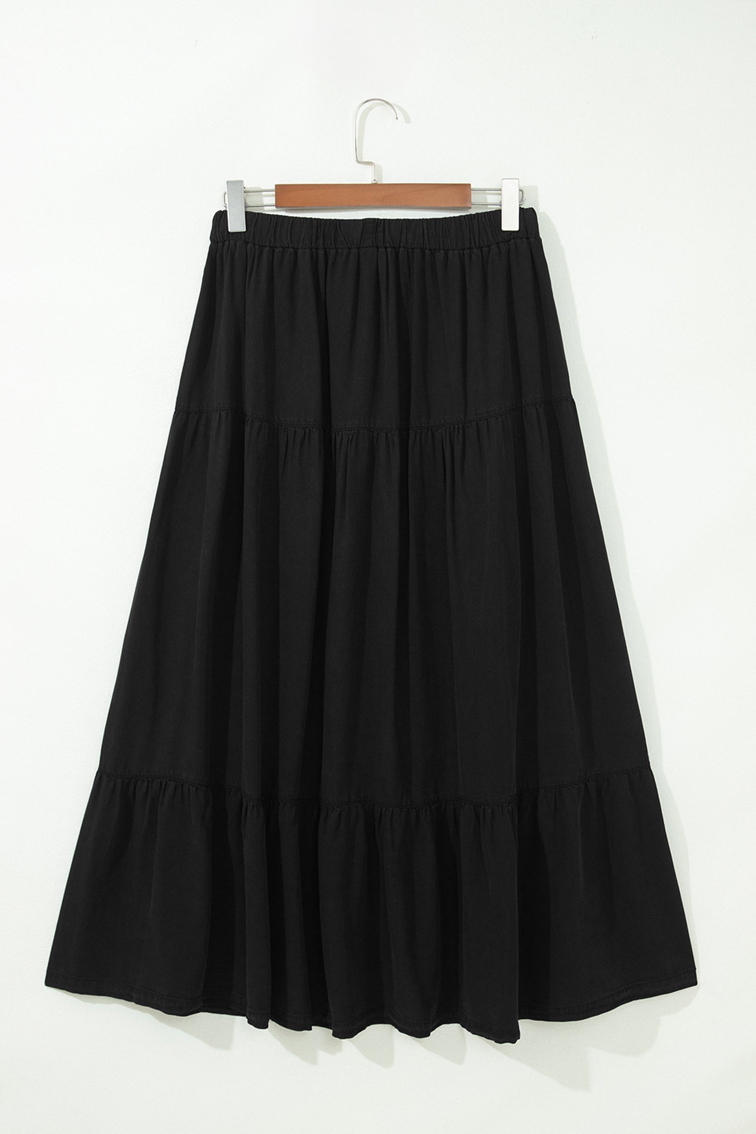 Denim Ruffle Tiered Flared Maxi Skirt