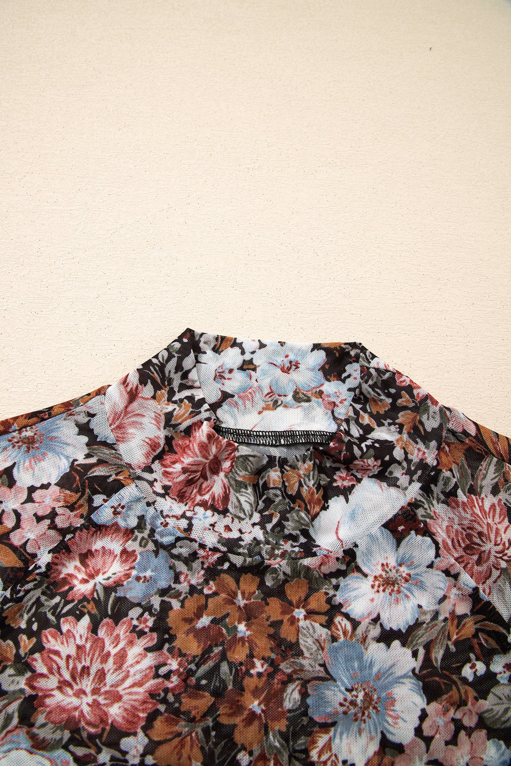 Floral Mesh Mock Neck Short Sleeve Top