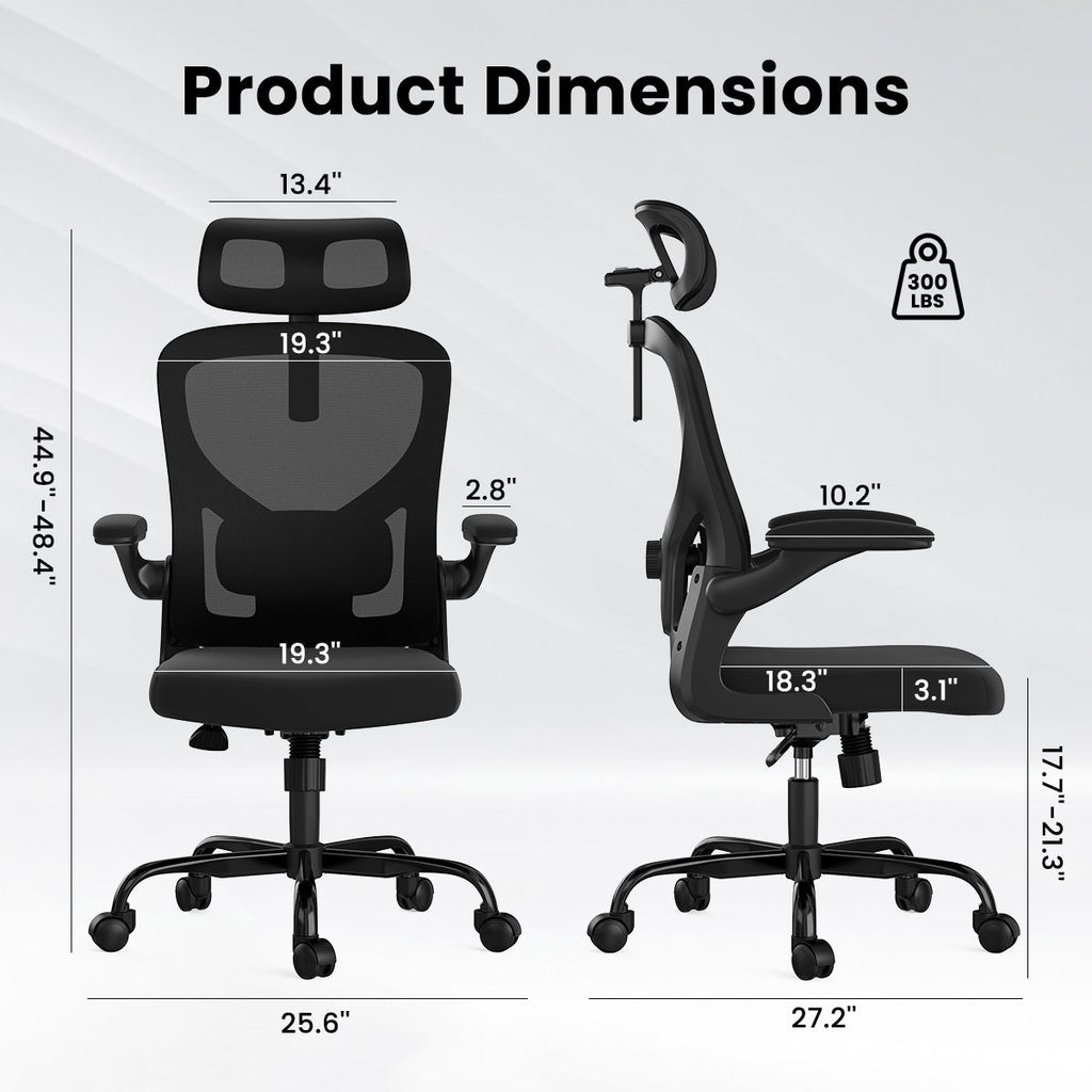 Ergonomic Office Chair, Home Office Desk Chair with Headrest, High Back Computer Chair with Armrests and Adjustable Lumbar Support for Home Office Study Room, Black