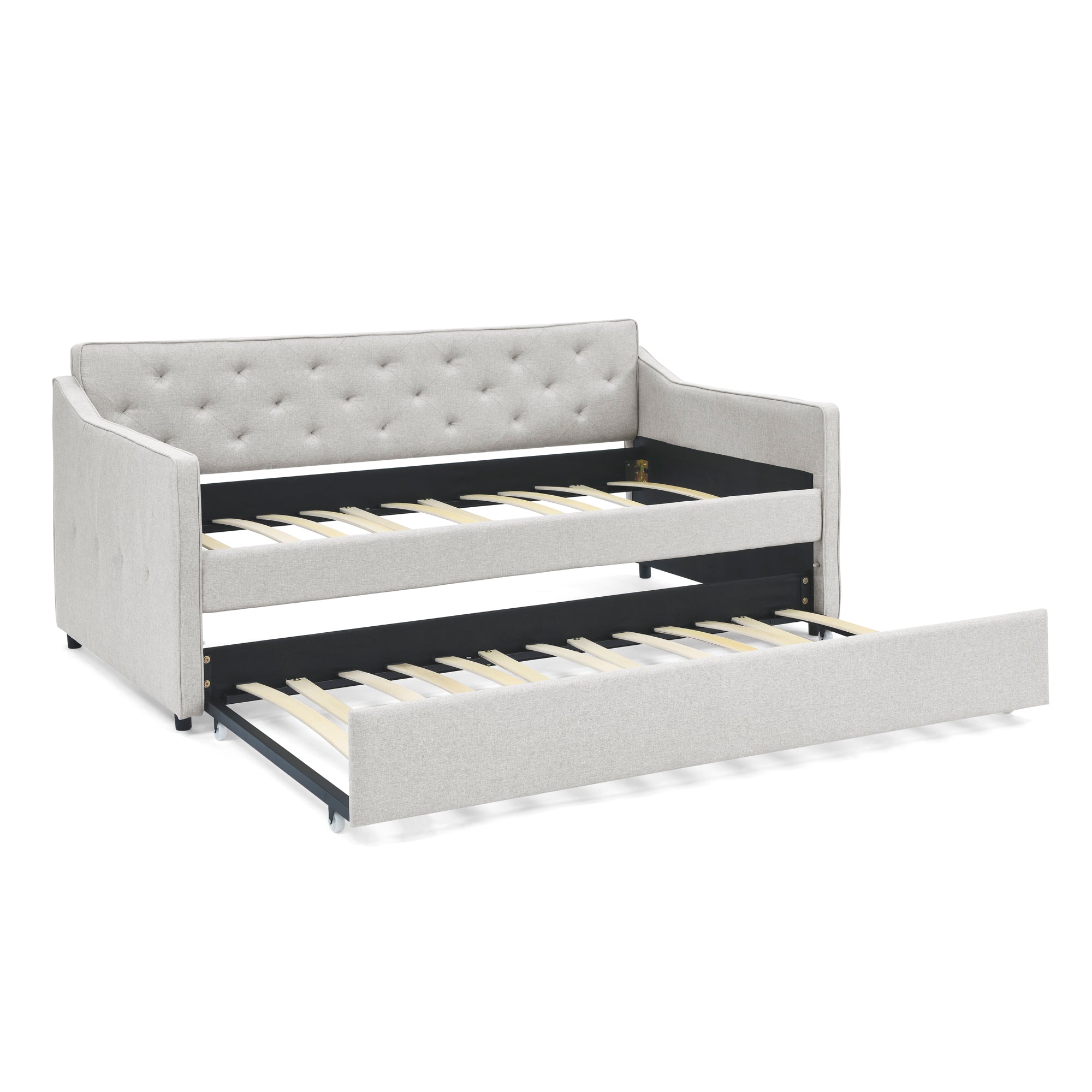 Twin Size Daybed with Twin Size Trundle Upholstered Tufted Sofa Bed,  Waved Shape Arms, Beige (80.5'x44.5'x33.5')