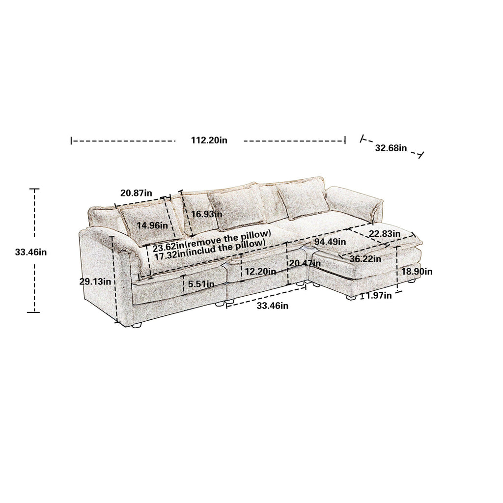 UNITED WE WIN 112' Oversized Sectional Sofa Cloud Couch for Living Room, Modern Chenille L Shaped Couch, Comfy Boucle Modular Sofa Sleeper with Moveable Ottoman & Memory Foam