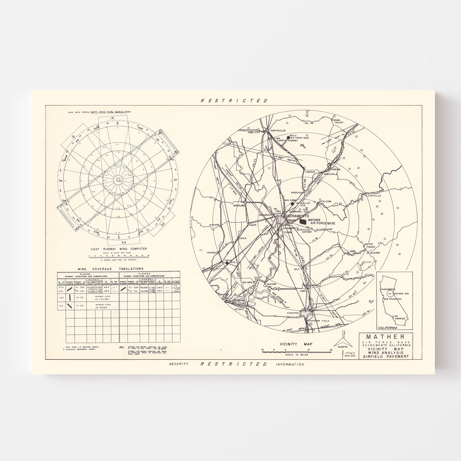 Vintage Map of the Mather Air Force Base Vicinity, 1952