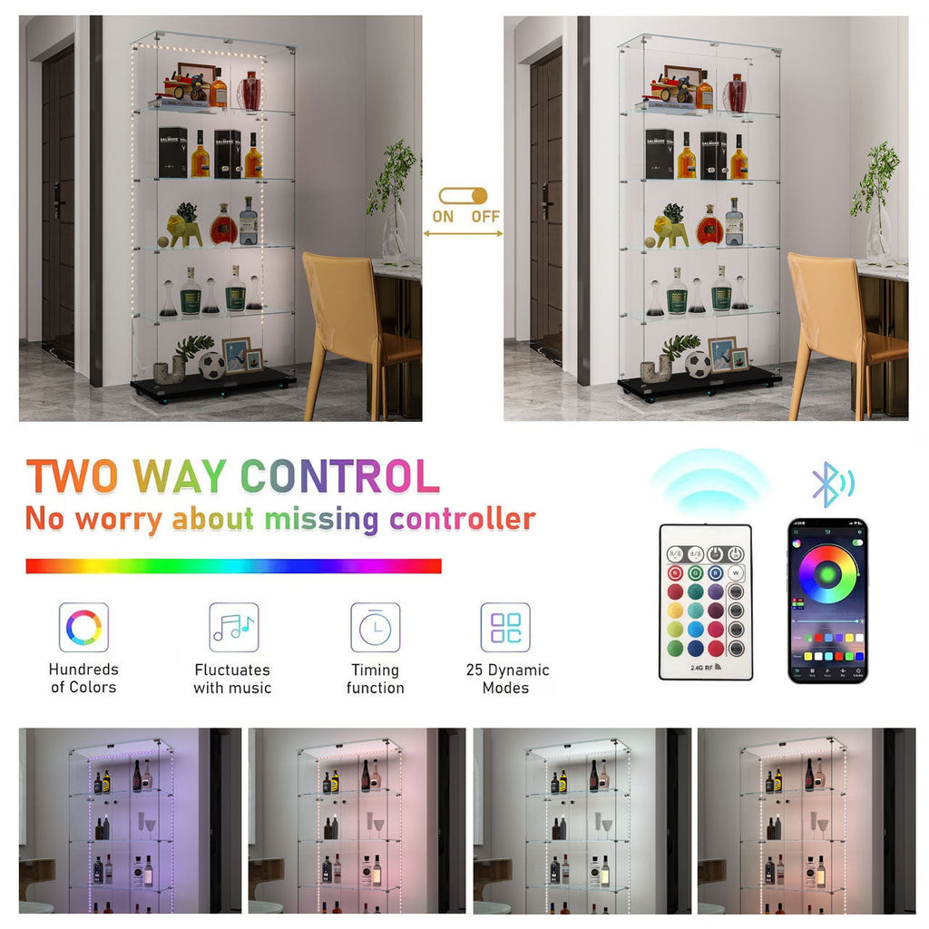 Tempered Glass Display Cabinet, Wine Cabinet, Storage Cabinet, File Cabinet with Bluetooth LED Light Strips, Lock on Door, Tempered Glass Top, Casters at Bottom for Easy Movement, Color: Black
